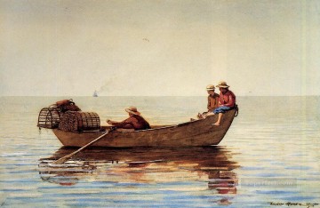 boy with a skull Painting - Three Boys in a Dory with Lobster Pots Realism marine painter Winslow Homer